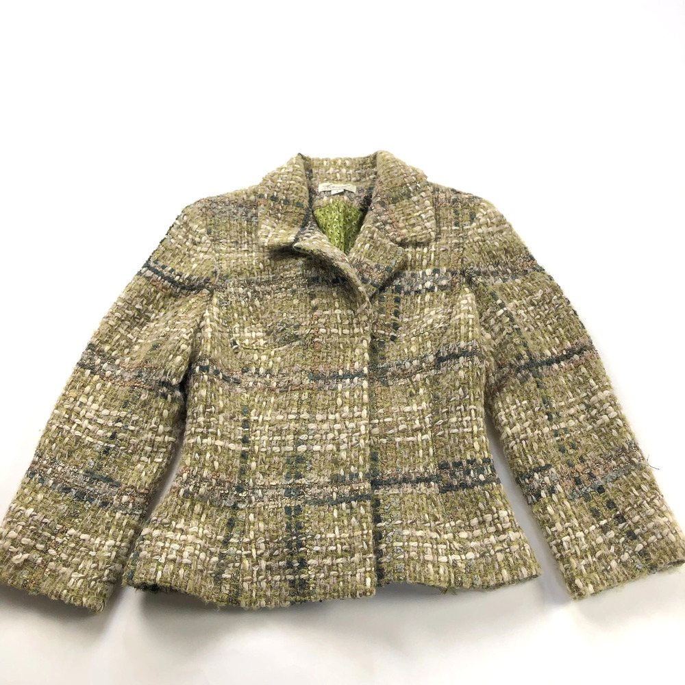 Andrea Behar 6 Tweed Wool Acrylic Open Front Blazer Jacket Brown Green HRJ